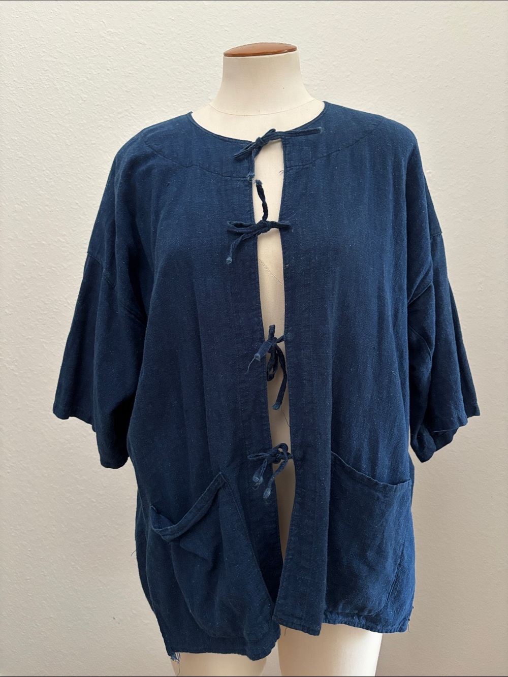 Vintage Indigo Blue Tie Front Smock Chore Jacket Oversized Cotton Workwear